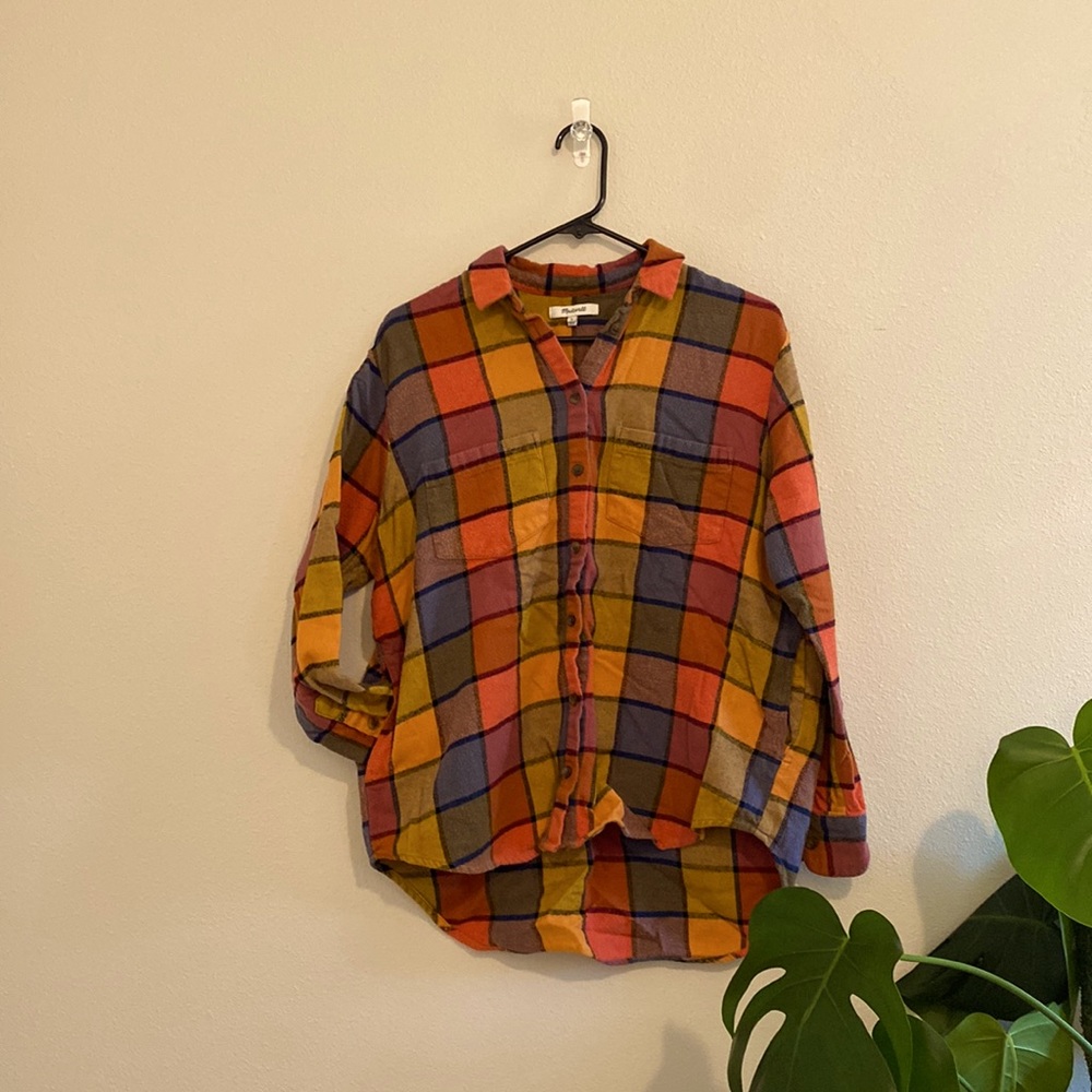 Madewell womens soft fall flannel- Small. Side hand pockets. Blue orange yellow